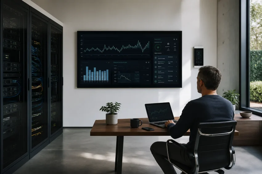 Futuristic AI technology interface with automation and software development elements