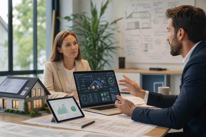 Real estate professionals analyzing AI-driven property valuation data