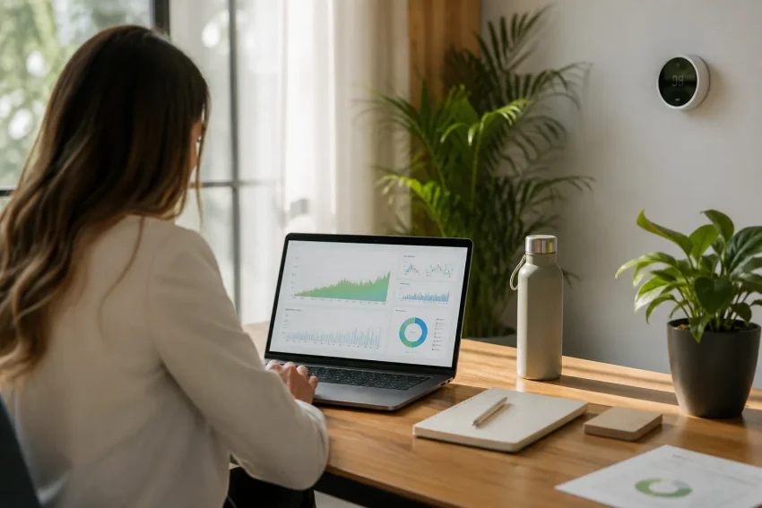 Small business owner analyzing energy efficiency with AI technology