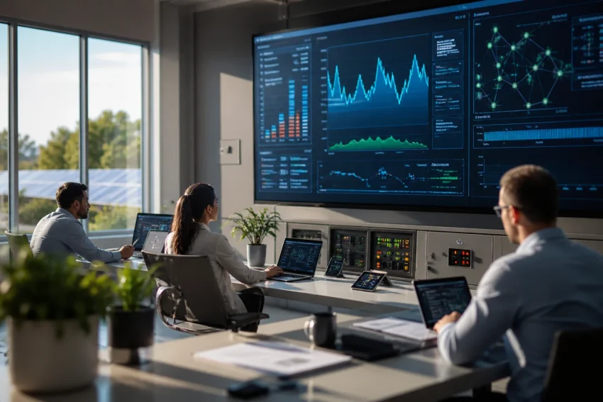 Smart energy grid with AI data analysis and renewable sources
