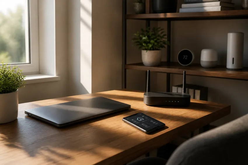 Secure WiFi network with smart home technology and cybersecurity icons