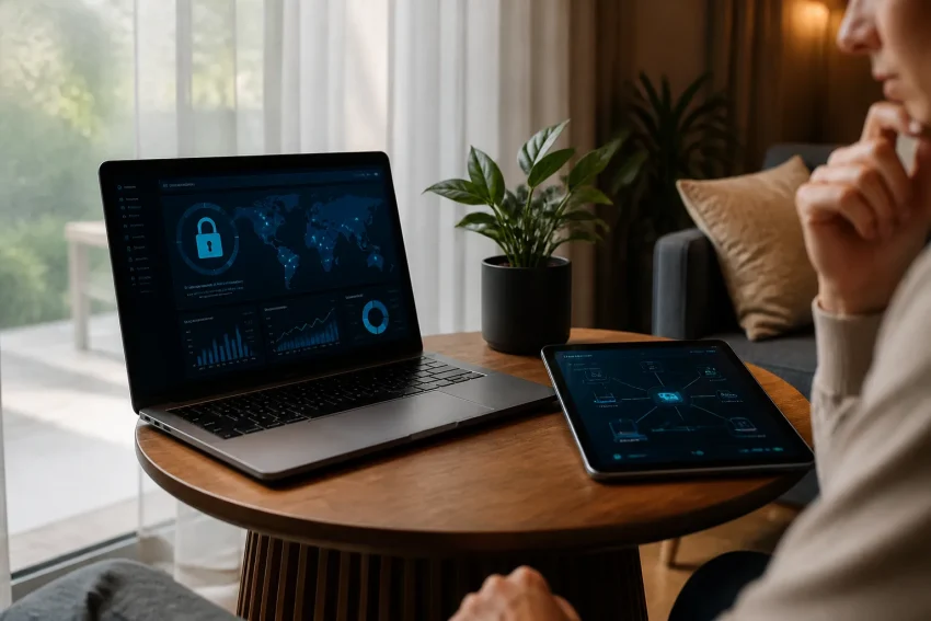 Smart home cybersecurity symbols and digital security concepts
